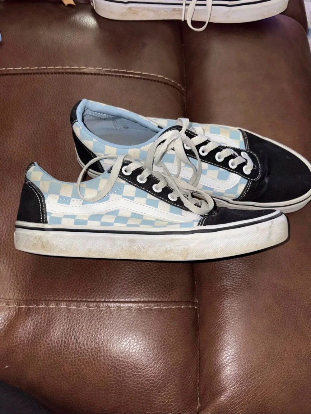 Vans Old Skool Checkerboard Sneakers in Light Blue, Black, and White